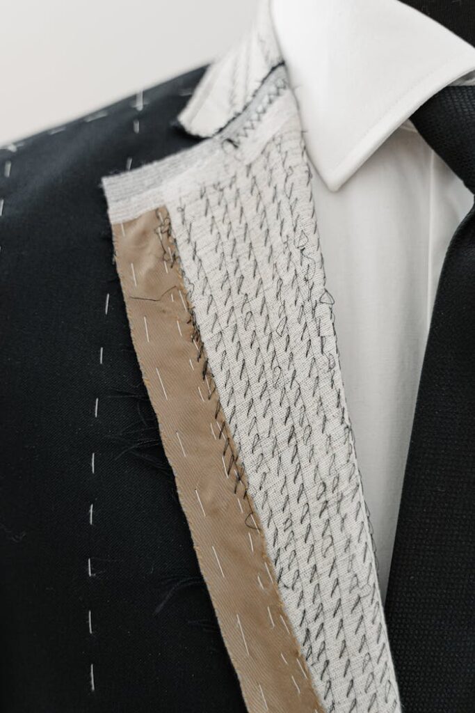 Detailed view of a suit jacket with visible stitching and unfinished tailoring elements.
